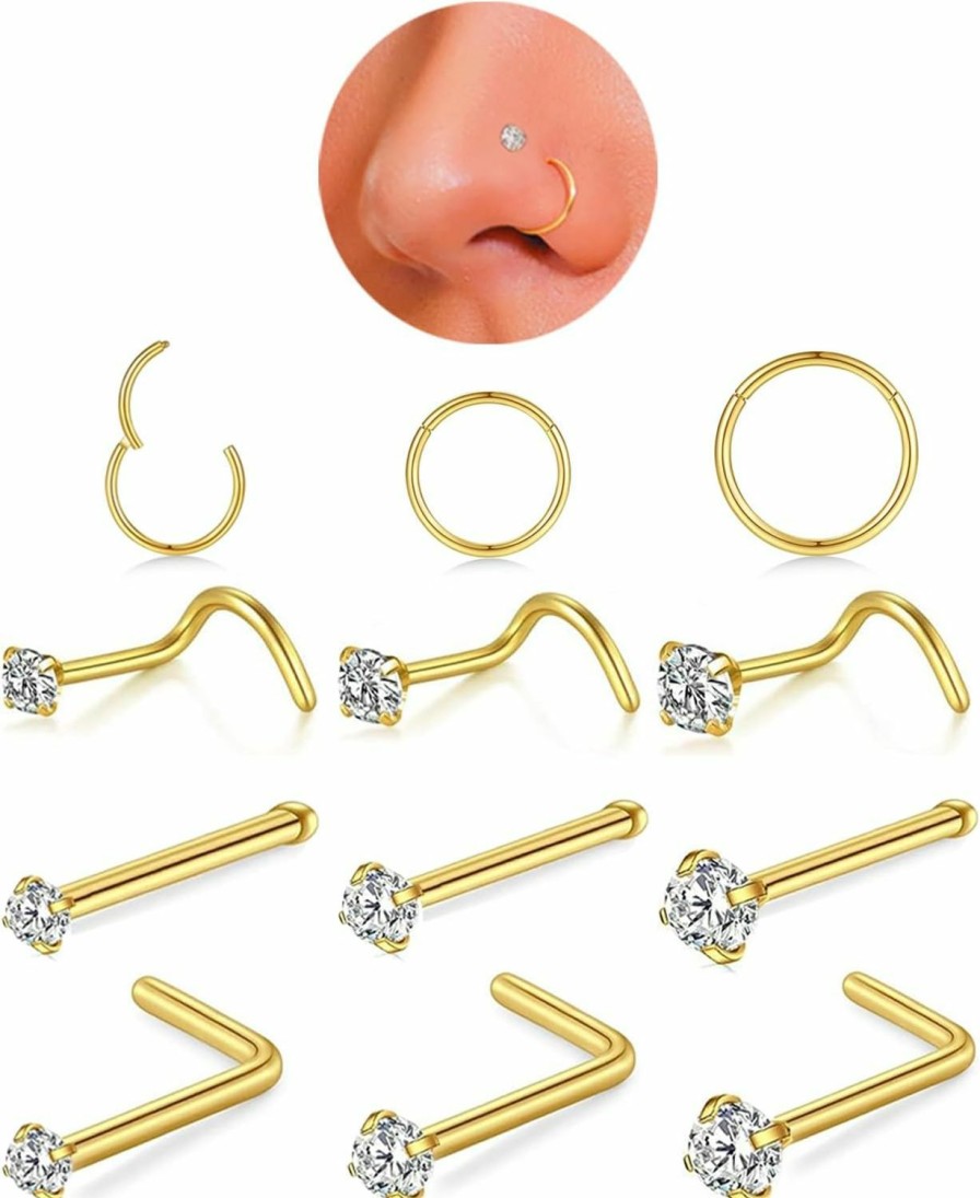 AMASIS 18G Nose Rings Hoop And 20G Nose Studs Sets For Women Men Girls,Hypoallergenic 316L Surgical Stainless Steel Hinged Clicker Segment Nose Rings Hoop Helix Cartilage Daith Tragus Sleeper Earrings Silver Gold Black L Shape/Corkscrew/Straight Nose Studs Real Body Piercing Jewelry | Body Piercing Rings