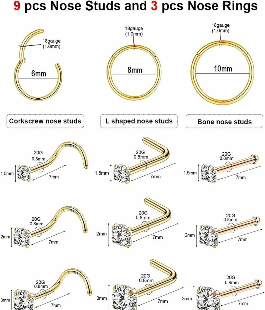 AMASIS 18G Nose Rings Hoop And 20G Nose Studs Sets For Women Men Girls,Hypoallergenic 316L Surgical Stainless Steel Hinged Clicker Segment Nose Rings Hoop Helix Cartilage Daith Tragus Sleeper Earrings Silver Gold Black L Shape/Corkscrew/Straight Nose Studs Real Body Piercing Jewelry | Body Piercing Rings