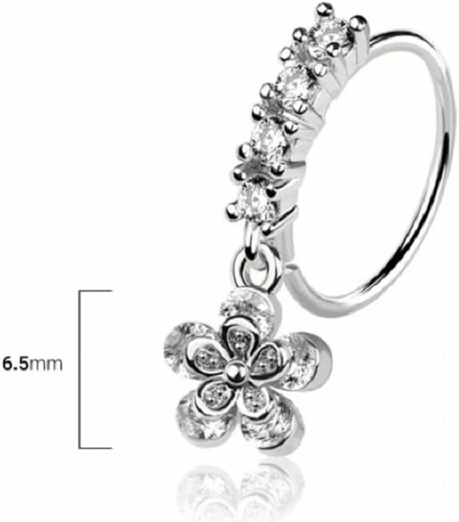 Pierced Owl Pierced Owl 20Ga 316L Stainless Steel Cz Crystal Lined Hoop With Dangling Daisy Flower Bendable Nose Ring | Body Piercing Rings