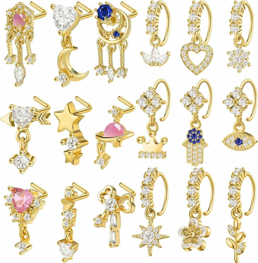 Junkin Junkin 18 Pcs 20G Dangle Nose Rings Studs Women L Shaped Dangling Nose Stud Hoop Nose Piercing Jewelry Heart Star Nose Rings | Body Piercing Rings