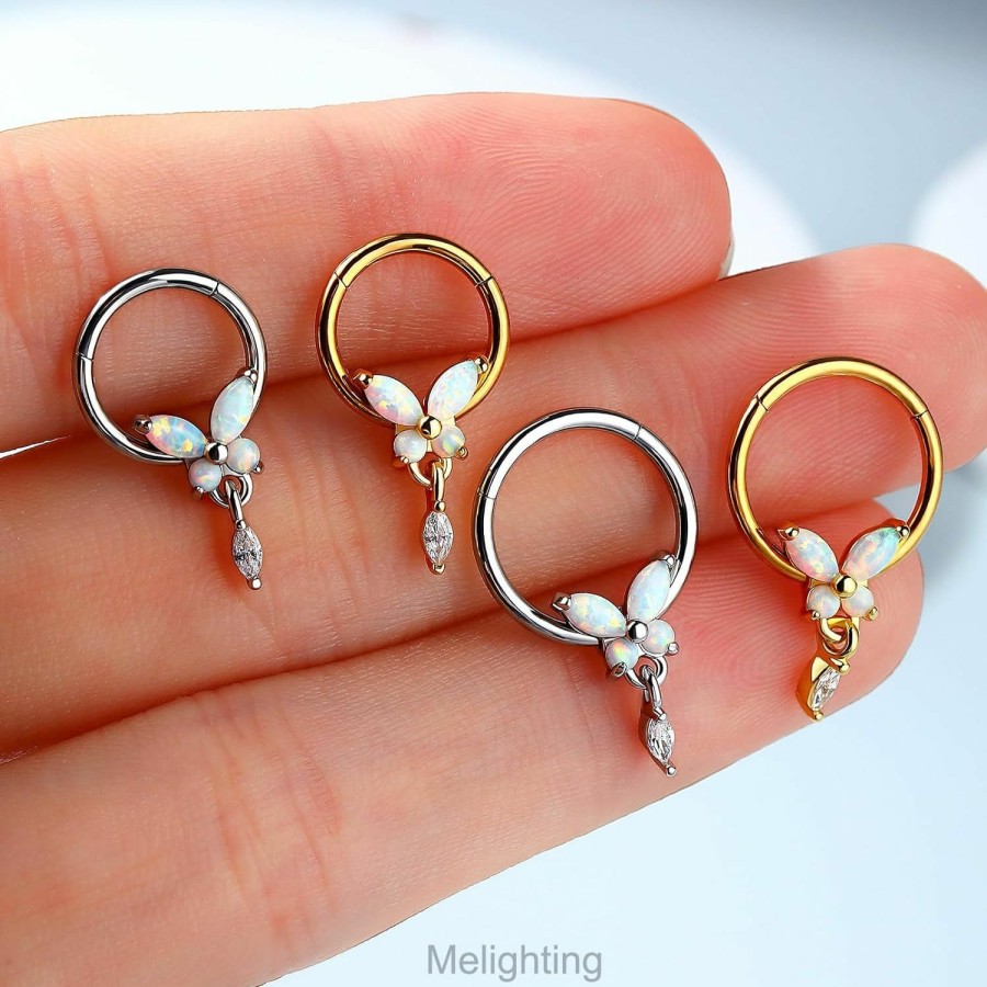 Melighting Melighting Butterfly Septum Ring 16G Septum Jewelry Stainless Steel 316L Opal Daith Piercing Jewelry Butterfly Conch Piercing Jewelry Dangle Septum Piercing For Women | Body Piercing Rings