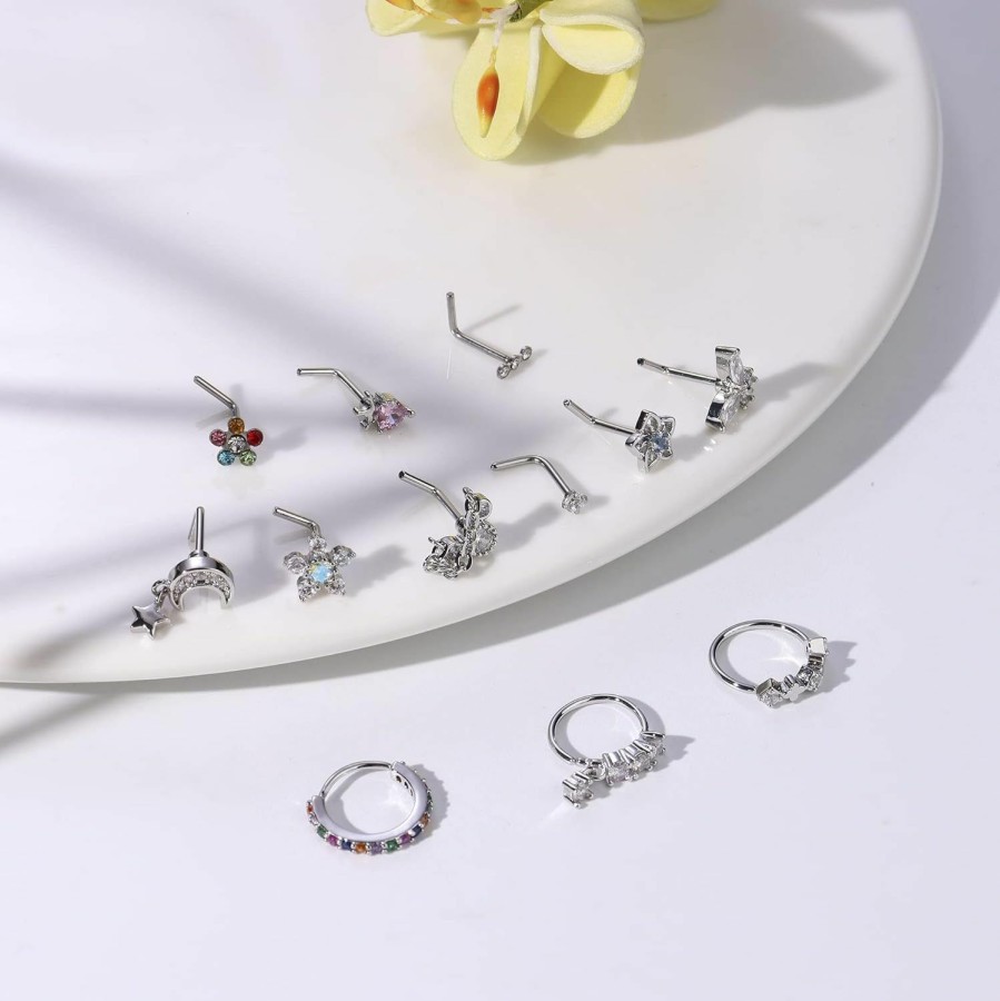 Drperfect Drperfect 12Pcs 20G Nose Rings Studs Stainless Steel Nose Rings Hoop For Women Men Paved Cz Butterfly Flower Nose Nostril Piercing Jewelry L Shaped Nose Ring Stud Set | Body Piercing Rings