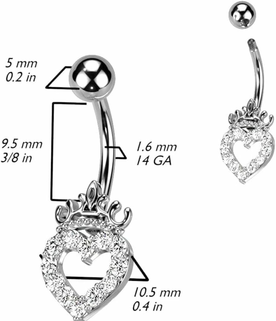 Pierced Owl Pierced Owl 14Ga 316L Stainless Steel Cz Crystal Paved Hollow Heart And Crown Belly Button Ring | Body Piercing Rings