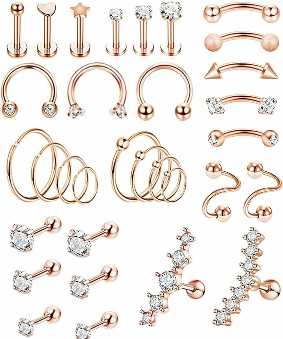 REVOLIA Revolia 32Pcs Stainless Steel Cartilage Stud Earrings For Women Girls Conch Helix Tragus Daith Conch Hoop Earing Piercing Jewelry Set | Body Piercing Rings