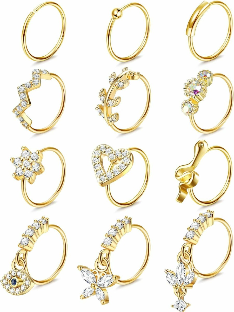 ZZHDCC Zzhdcc 12Pcs Dangle Nose Rings Hoops Stainless Steel Multi-Shaped Evil Eye Cz Nose Piercing Jewelry Gold Dangle Nose Rings 20G Hoop Nose Ring Septum Lip Cartilage Rings For Women Men Multi-Color | Body Piercing Rings