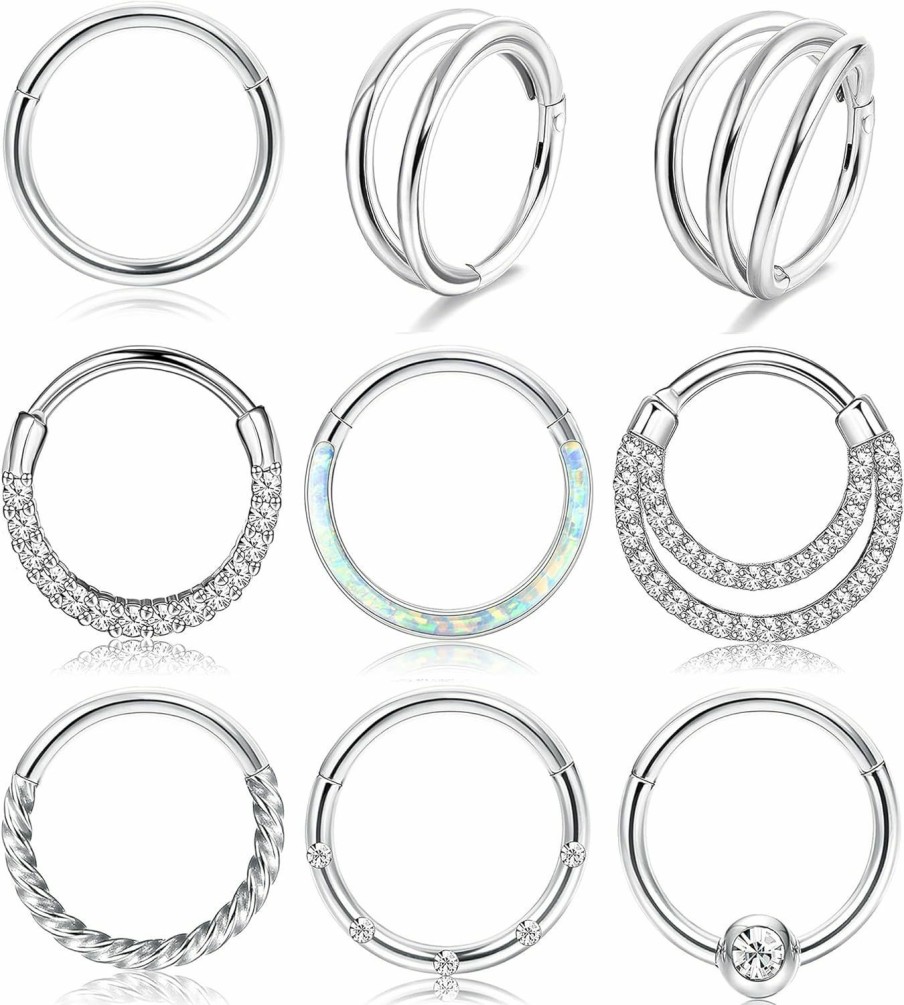 Besteel Besteel 9 Pcs Hypoallergenic Septum Rings 16G Surgical Steel Hinged Clicker Nose Hoops Set For Women Men Cute Cz Opal Cartilage Earrings Lip Helix Tragus Conch Daith Piercing Jewelry 8Mm 10Mm | Body Piercing Rings