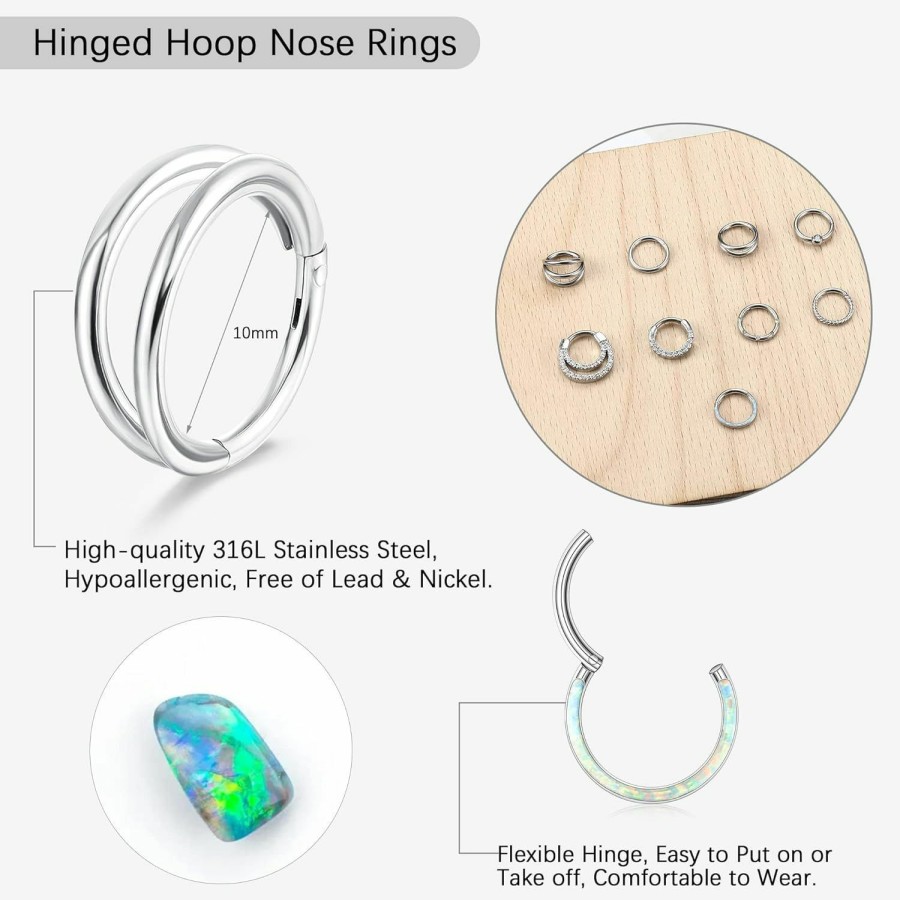 Besteel Besteel 9 Pcs Hypoallergenic Septum Rings 16G Surgical Steel Hinged Clicker Nose Hoops Set For Women Men Cute Cz Opal Cartilage Earrings Lip Helix Tragus Conch Daith Piercing Jewelry 8Mm 10Mm | Body Piercing Rings