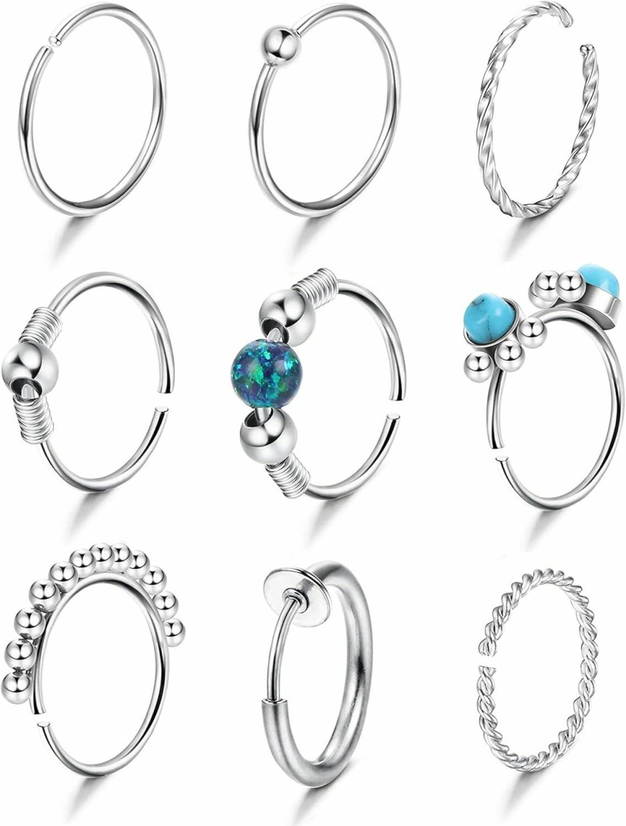 ZZHDCC Zzhdcc 9Pcs Nose Rings Hoops For Women 20G Multi-Shaped 8Mm Nose Ring Shiny Cz Cute Septum Nose Rings Bead Heart Butterfly Star Nose Hoop Daith Rook Cartilage Nose Piercing Jewelry Lip Septum Ring | Body Piercing Rings