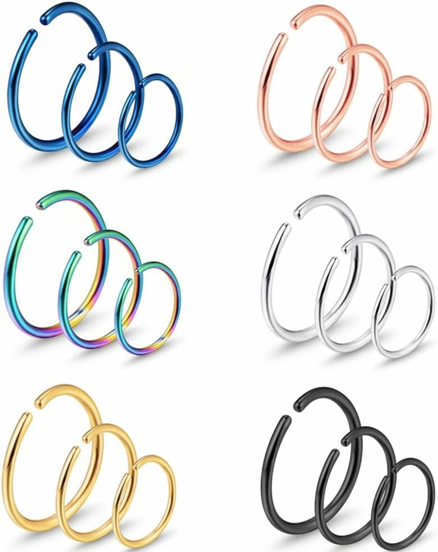 WDEFYUO Wdefyuo 20G Stainless Steel Hoop Nose Ring Cartilage Ring Set 18Pcs In 6 Colors For Men And Women | Body Piercing Rings