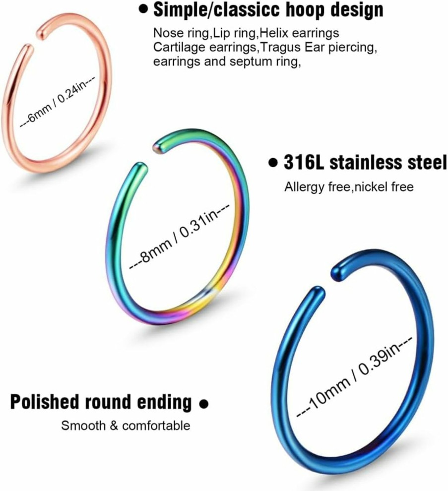 WDEFYUO Wdefyuo 20G Stainless Steel Hoop Nose Ring Cartilage Ring Set 18Pcs In 6 Colors For Men And Women | Body Piercing Rings