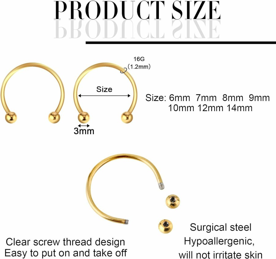 Yolev Yolev 14Pcs 6/7/8/9/10/12/14Mm Surgical Steel Horseshoe Septum Nose Ring Hoop Set Piercing Jewellery,Horseshoe Rings Earring Eyebrow Earring Hoop Lip Horseshoe Piercing For Women Men | Body Piercing Rings