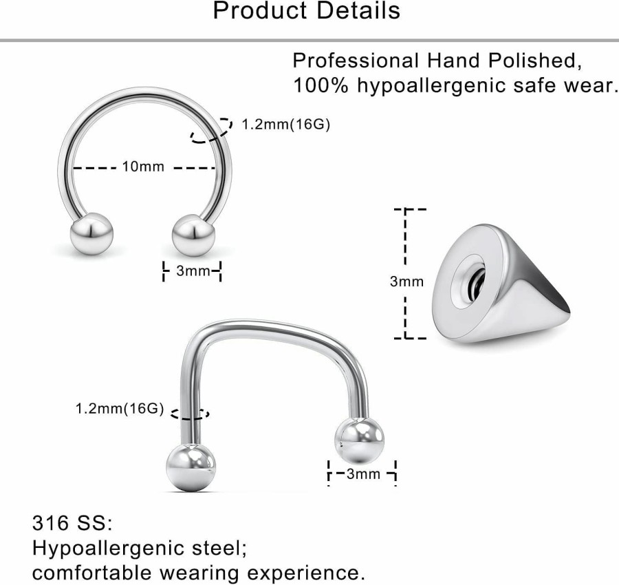 Lcolyoli Lcolyoli 16G Surgical Steel Lip Rings Hoop C-Shaped & Horseshoe Barbell Labret Jewelry Snake Bite Piercing Jewelry Medusa Piercing Jewelry For Women Men | Body Piercing Rings