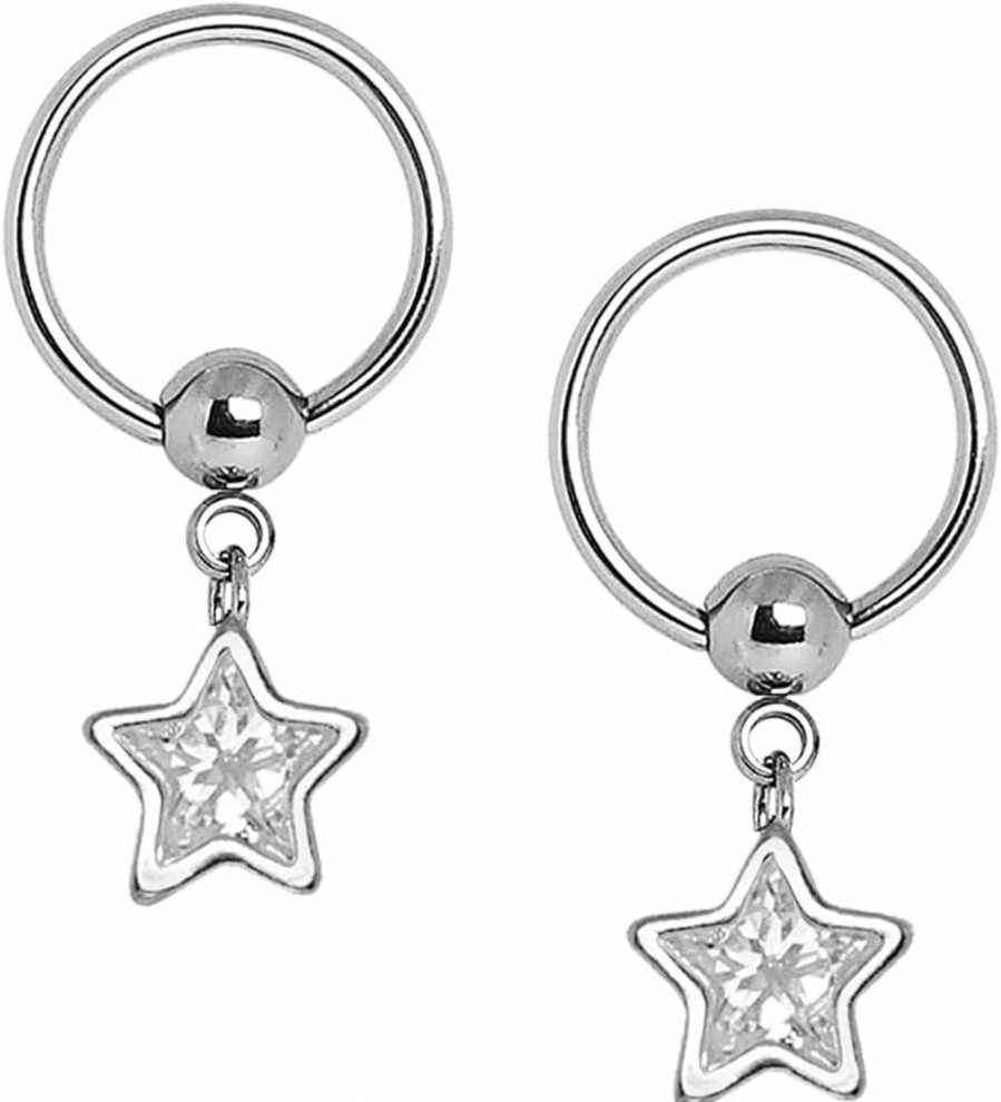 Pierced Owl Pierced Owl 14Ga 316L Stainless Steel Cz Crystal Star Dangling Captive Bead Nipple Rings, Sold As A Pair | Body Piercing Rings