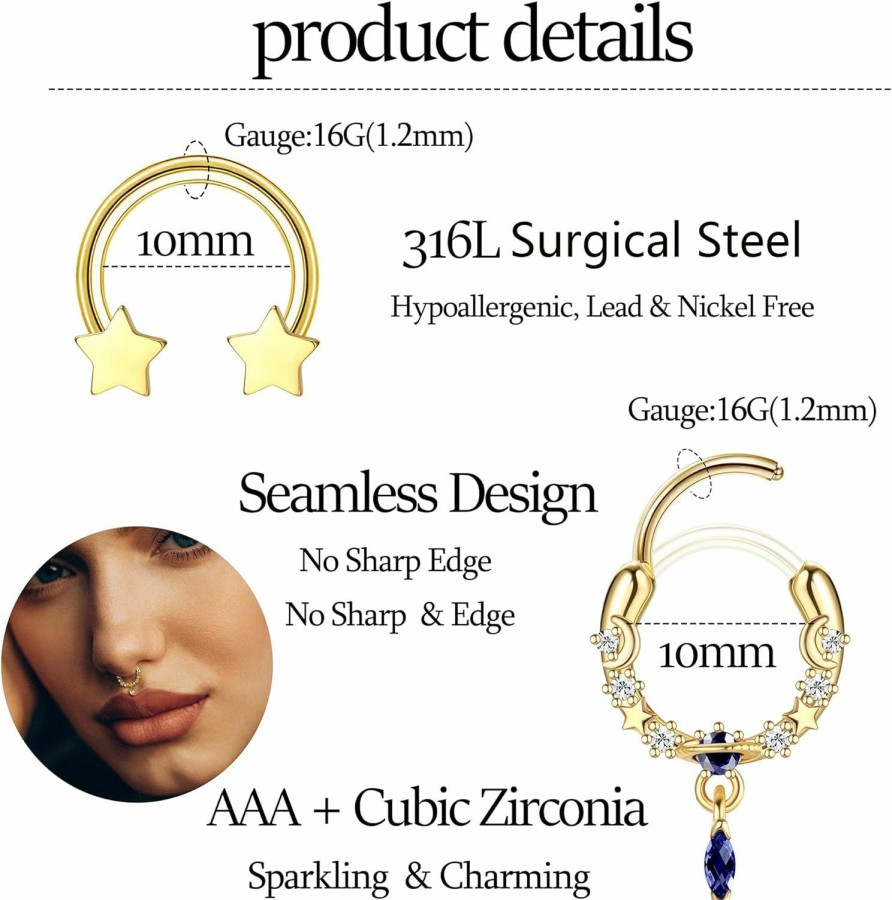 THUNARAZ Thunaraz 16G 10Mm Septum Rings For Women Men Surgical Steel Septum Jewelry Horseshoe Hoop Septum Piercing Jewelry | Body Piercing Rings