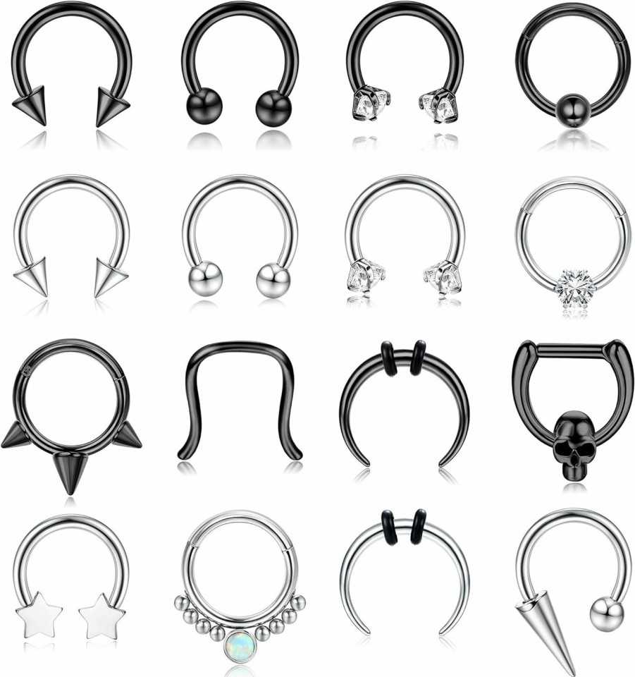 FIBO STEEL Fibo Steel 16Pcs 16G Septum Rings For Women Men Surgical Steel Horseshoes Nose Rings Cz Opal Cartilage Helix Daith Tragus Lip Rings Hinged Seamless Septum Piercing Jewelry | Body Piercing Rings