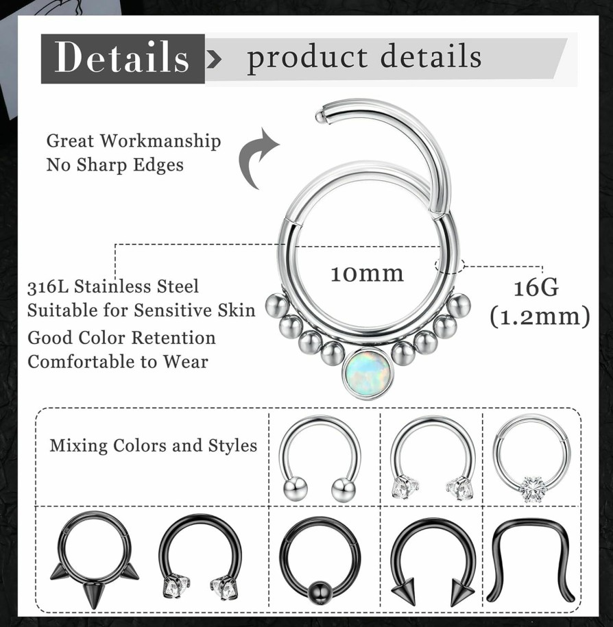 FIBO STEEL Fibo Steel 16Pcs 16G Septum Rings For Women Men Surgical Steel Horseshoes Nose Rings Cz Opal Cartilage Helix Daith Tragus Lip Rings Hinged Seamless Septum Piercing Jewelry | Body Piercing Rings