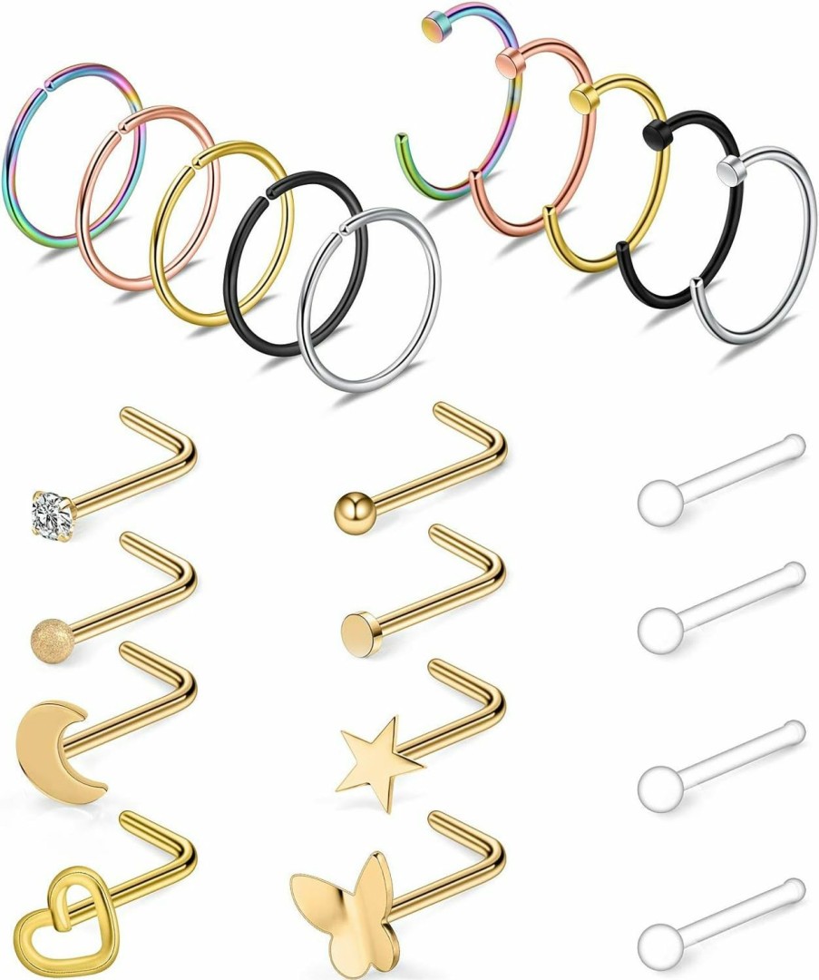 Ruifan Ruifan 20G Surgical Steel Nose Stud Rings L Shaped Tragus Lip Nose Hoop Ring Piercing Jewelry Flat Ball Heart Star Moon Cz 4-22Pcs | Body Piercing Rings