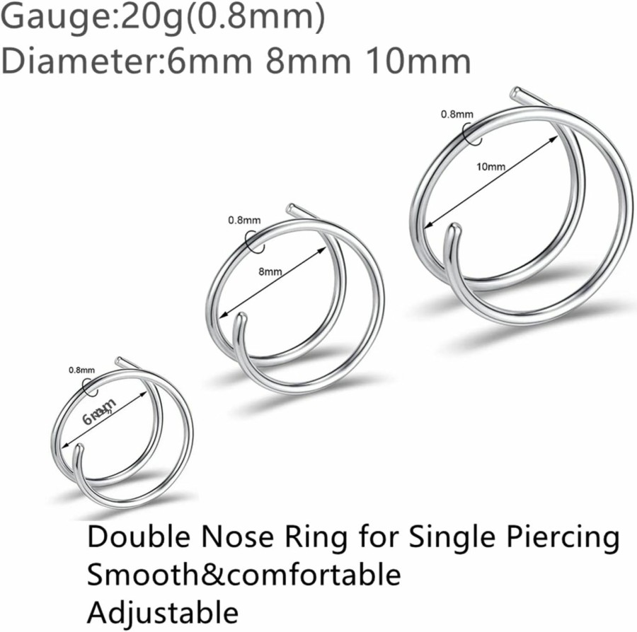 outerunner Outerunner Double Nose Ring For Single Piercing 20G Nose Rings Hoops 6Mm 8Mm 10Mm Surgical Steel Nose Hoop Silver/Gold/Rose Gold/Black/Rainbow | Body Piercing Rings