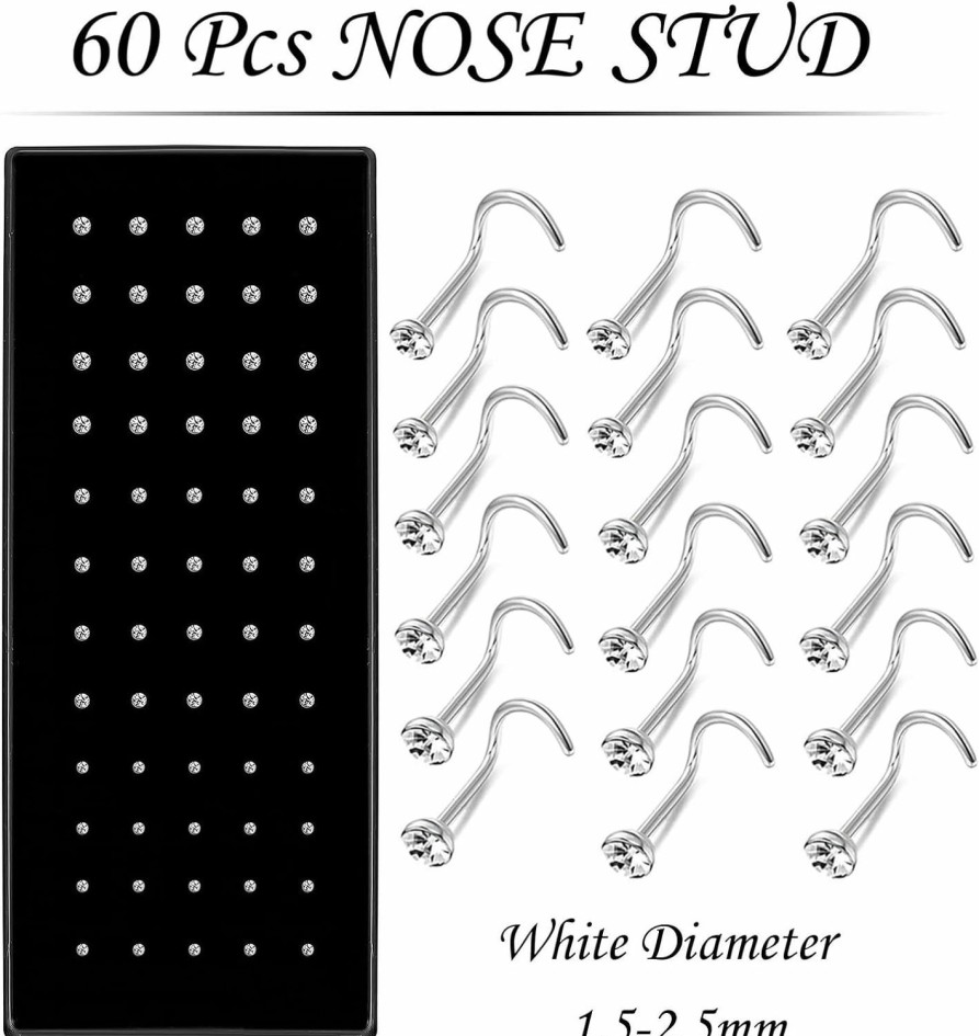 OMAIGAR Omaigar Nose Rings Studs, 60Pcs Straight Or L-Shaped Or Screw Nose Studs For Women Men, Surgical Stainless Steel Hypoallergenic Nose Piercing Jewelry 1.5/2/2.5Mm Size Rhinestone And Ideal Gift | Body Piercing Rings