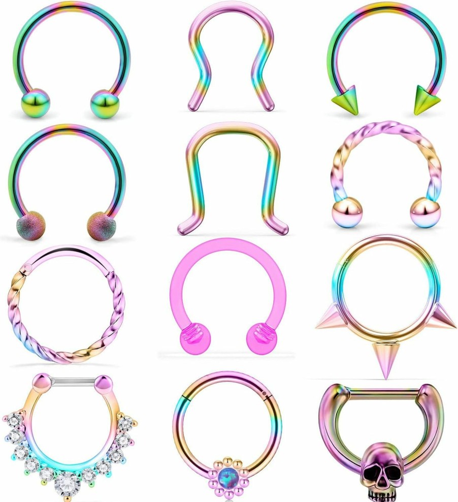 Yaalozei Yaalozei 16G Septum Rings Piercing Jewelry 316L Surgical Steel Horseshoes Septum Nose Ring Hoop Moon Flower Skull Dragon'S Dlaw Opal Septum Piercings Rings For Men Women | Body Piercing Rings