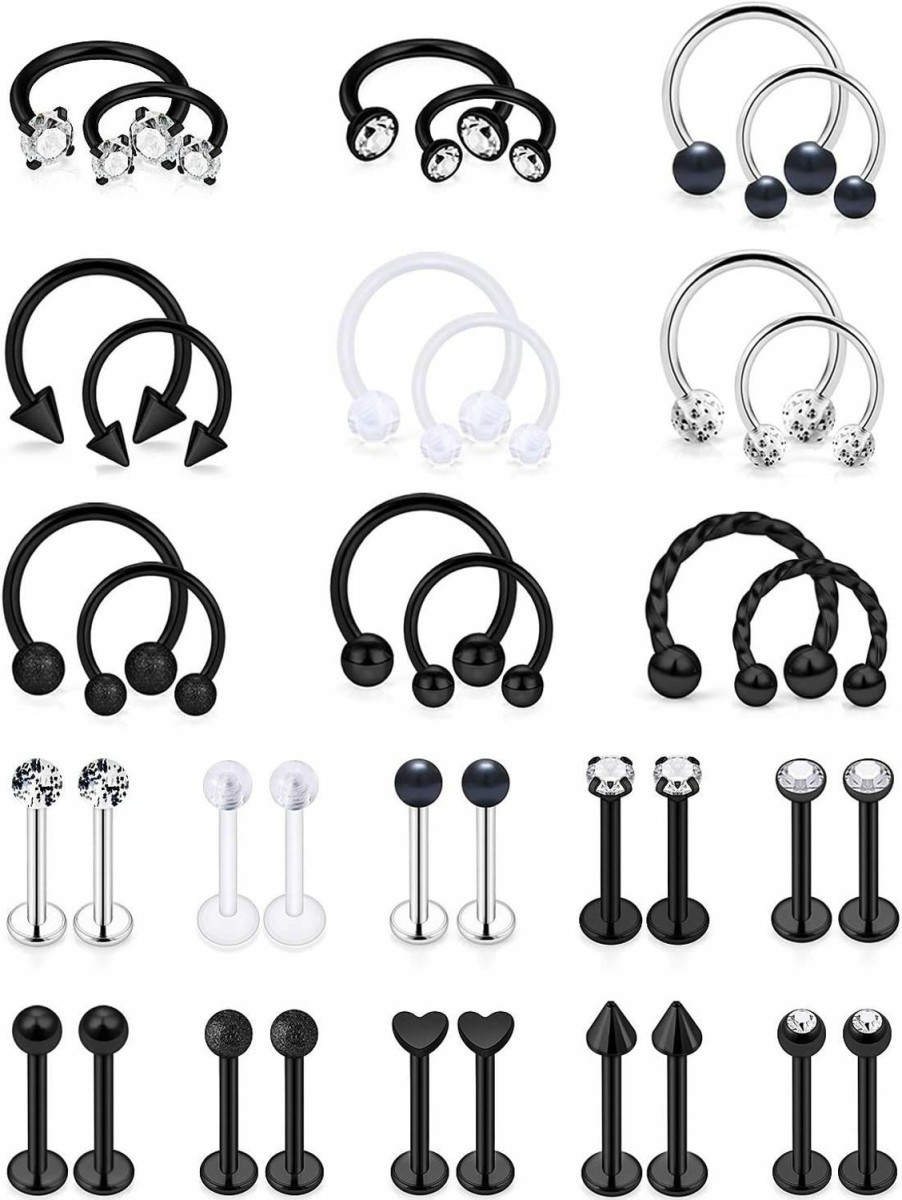 SCERRING Scerring 16G Lip Rings Stainless Steel Horseshoe Labret Monroe Lip Rings Nail Tragus Rook Helix Cartilage Earrings Studs Ring Medusa Piercing Jewelry 38Pcs | Body Piercing Rings