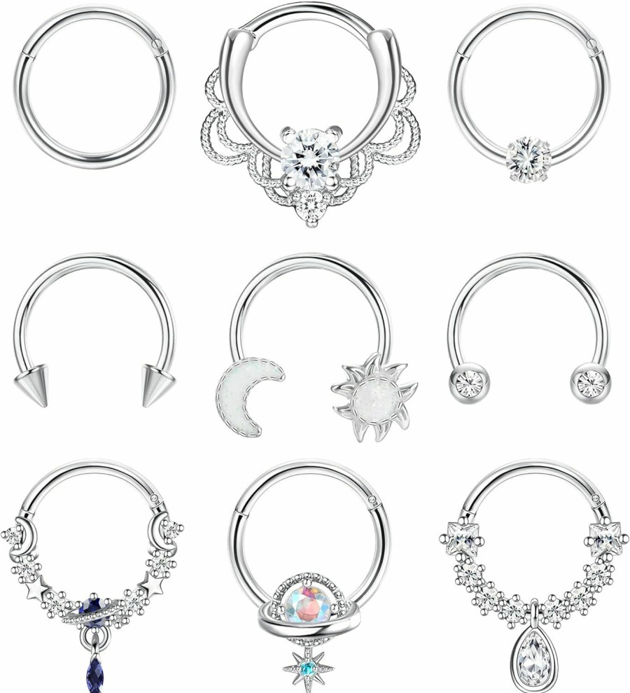 Subiceto Subiceto 9Pcs 16G Septum Ring For Women Men Dangle Septum Jewelry With Blue Plant Teardrop Clear Cz Moon Star Horseshoe Stainless Steel Daith Earrings Helix Cartilage Tragus Hoop Nose Rings Piercing | Body Piercing Rings