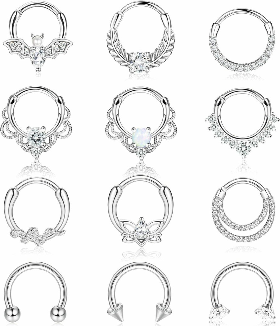 Besteel Besteel 12Pcs Septum Rings 16G Daith Earrings Nose Rings Hoop Stainless Steel Cz Opal Cartilage Helix Tragus Earrings Septum Clicker Piercing Jewelry Silver Black Rose Gold | Body Piercing Rings