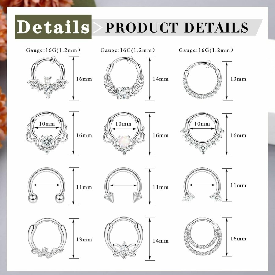 Besteel Besteel 12Pcs Septum Rings 16G Daith Earrings Nose Rings Hoop Stainless Steel Cz Opal Cartilage Helix Tragus Earrings Septum Clicker Piercing Jewelry Silver Black Rose Gold | Body Piercing Rings