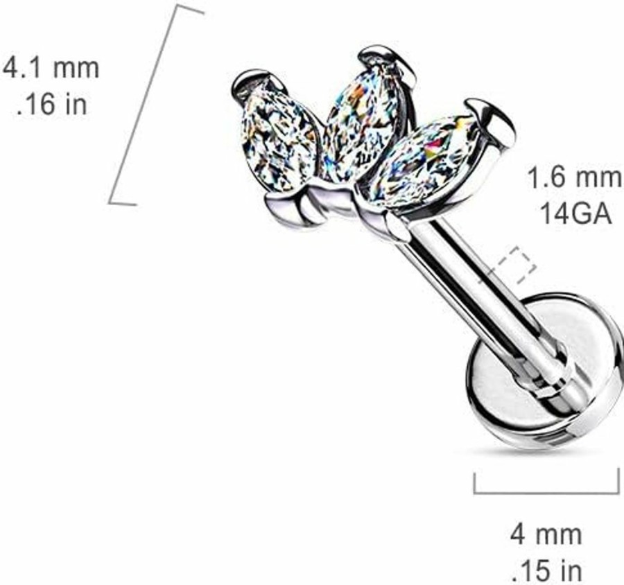 Amelia Fashion Amelia Fashion 16 Gauge Triple Marquise Cz On Internally Threaded 316L Surgical Steel Flat Back Studs For Cartilage Labret And More (Sold Individually) | Body Piercing Rings