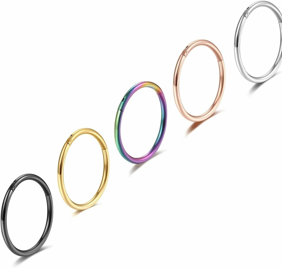 Lantine 5Pcs Grade 23 Titanium 16G 18G 20G Nose Ring Hoop Set Hinge Clicker Septum Rings Tragus Piercing Cartilage Hoop Earrings For Women Men 6-12Mm | Body Piercing Rings