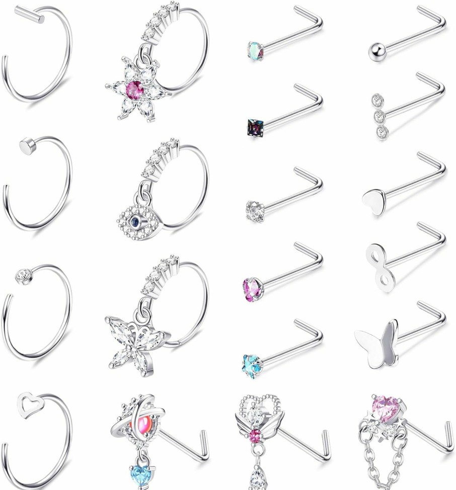 YADOCA Yadoca 20Pcs Dangle Nose Rings Hoops Stainless Steel L Shaped Nose Ring Studs For Women Men 20G Cz Heart Butterfly Nose Piercing Jewelry | Body Piercing Rings