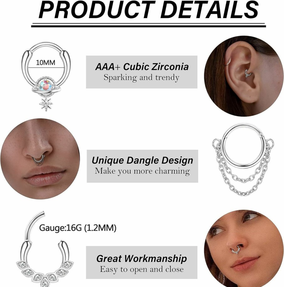 CASSIECA Cassieca 16G Septum Rings Surgical Steel Hinged Nose Rings Hoop Cz Horseshoe Cartilage Helix Tragus Daith Piercing Jewelry | Body Piercing Rings