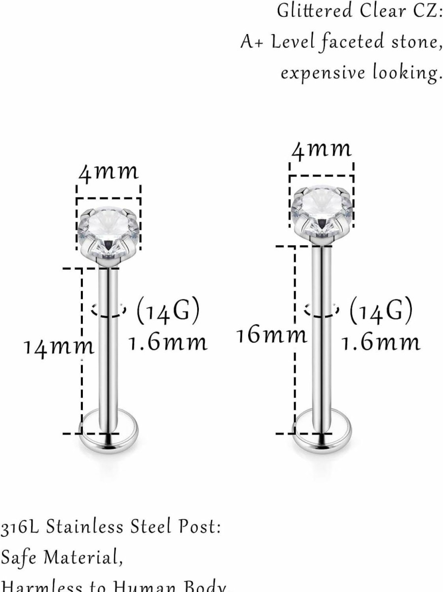 Ovxznts Ovxznts 16G 14G Cheek Piercing Jewelry Stainless Steel Ashley Piercing Lip Jewelry Crystal Internally Threaded Dimple Studs Flat Tongue Rings For Women Men | Body Piercing Rings