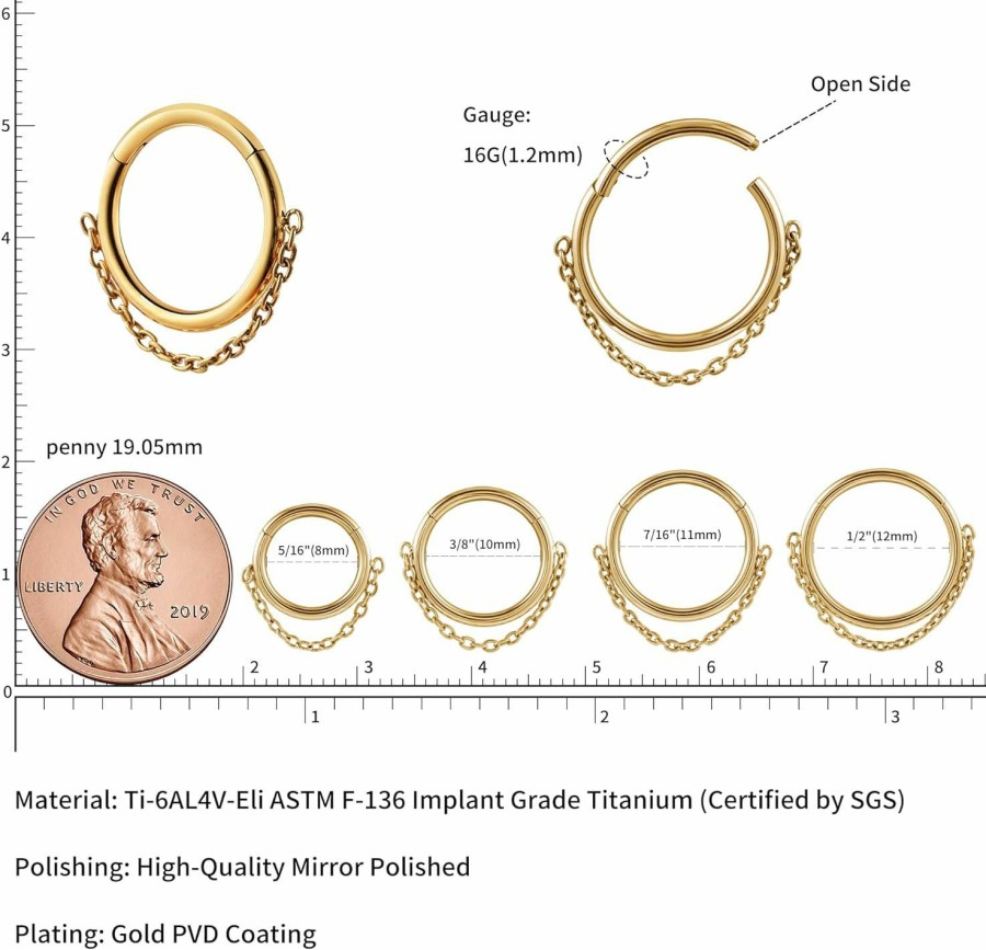 FINE4U Fine4U Astm F136 Titanium Gold Chain Piercing Jewelry Hoop Ring 16G 8Mm 10Mm 11Mm 12Mm For Cartilage, Helix, Conch | Body Piercing Rings