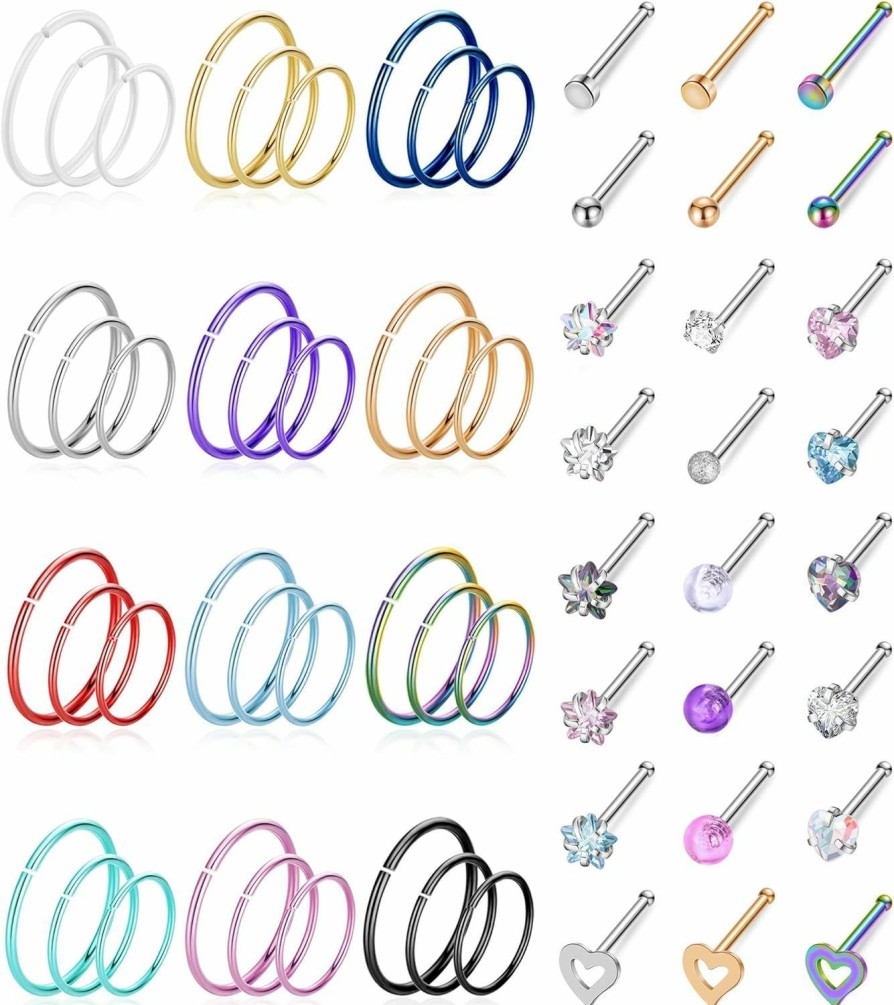 LOAYHOAY Loayhoay 60Pcs 20G Stainless Steel Nose Rings Hoop For Women Men Colorful L Shape Nose Studs Cz Heart Hypoallergenic Nose Piercing Jewelry | Body Piercing Rings