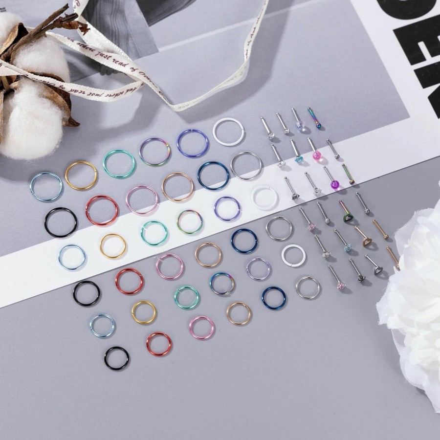 LOAYHOAY Loayhoay 60Pcs 20G Stainless Steel Nose Rings Hoop For Women Men Colorful L Shape Nose Studs Cz Heart Hypoallergenic Nose Piercing Jewelry | Body Piercing Rings