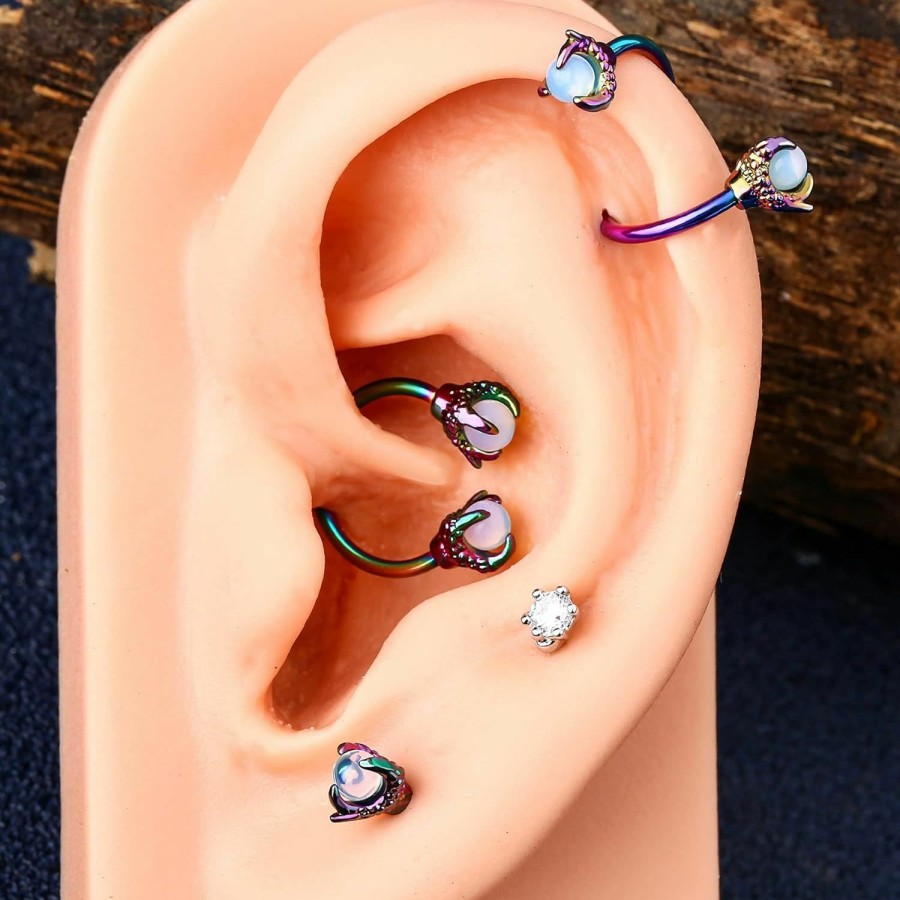 OUFER Oufer Twist Helix Earring 316L Stainless Steel Dragon Claw With Opalite Center 16G Twist Lip Labret Cartilage Upper Lobe Piercing Jewelry | Body Piercing Rings