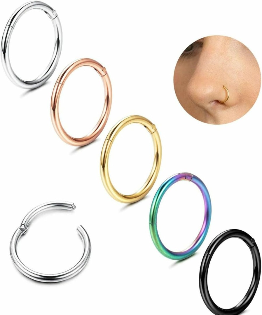 MILACOLATO Milacolato 5Pcs G23 Titanium Nose Rings Hoops 16G/18G/20G Septum Hinged Nose Rings Clicker Rings For Lip Cartilage Daith Helix Rook Tragus Ear Lobe Earrings Conch Piercing Jewelry Hypoallergenic Nose Rings For For Women Men 6Mm/8Mm/10Mm/12Mm | Body Piercing Rings