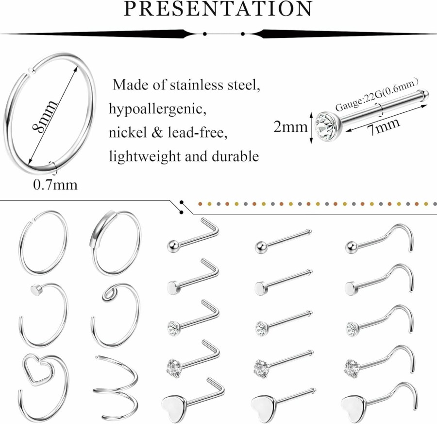 FINREZIO Finrezio 27Pcs 22G Surgical Steel Nose Rings Hoop Nose Studs For Women Men L Shaped Nose Rings Stud Cartilage Earrings Piercing Jewelry | Body Piercing Rings